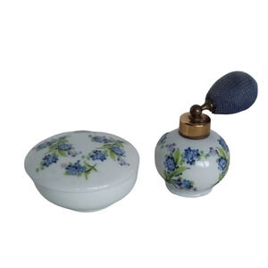 Vintage‎ Jlona Lilac Adorned Porcelain Perfume Atomizer and Tinket Box Set